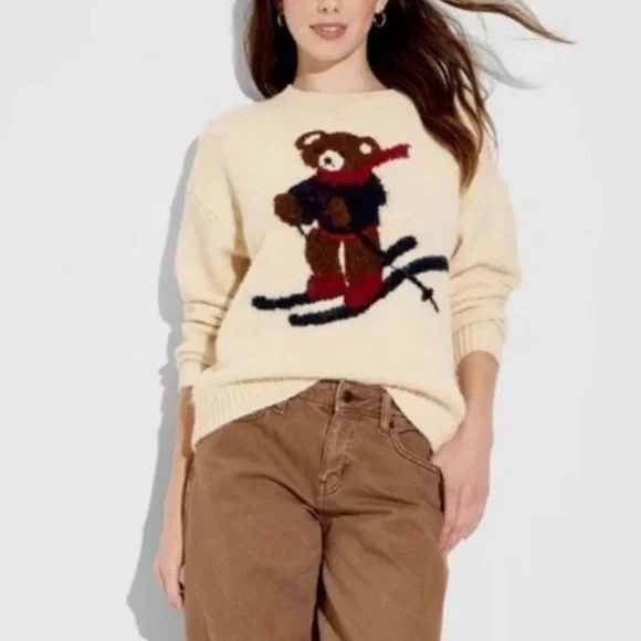 Wild Fable Womens Crewneck Pullover Sweater Teddy Bear Ski Cream Size XL NEW - Picture 2 of 9